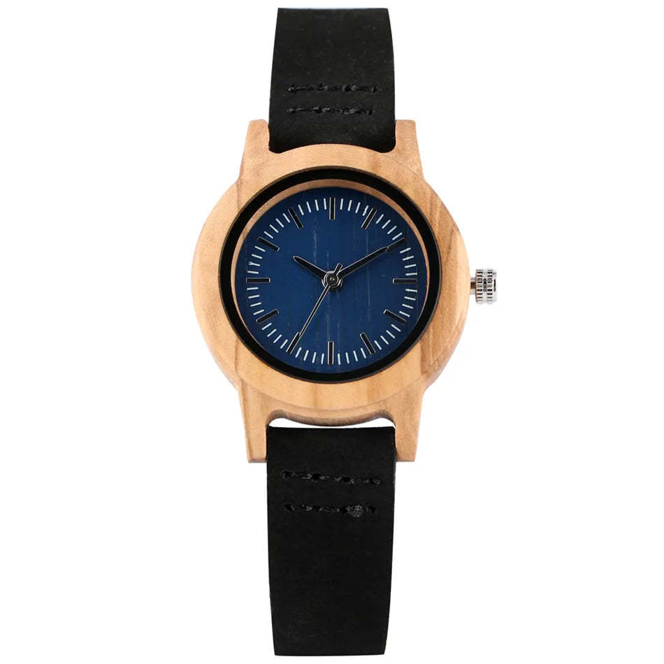 Trendy Minimalist Blue Dial Women Watches Natural Bamboo Wood Case