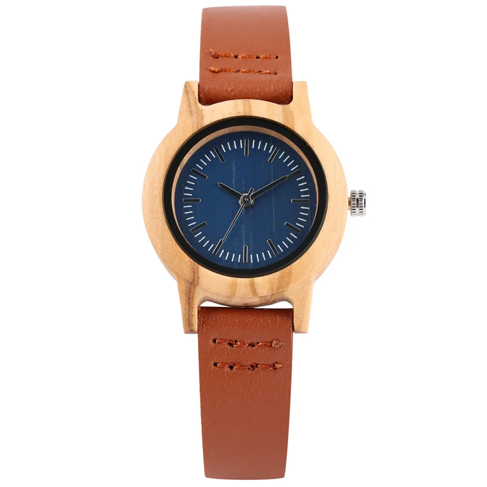 Trendy Minimalist Blue Dial Women Watches Natural Bamboo Wood Case