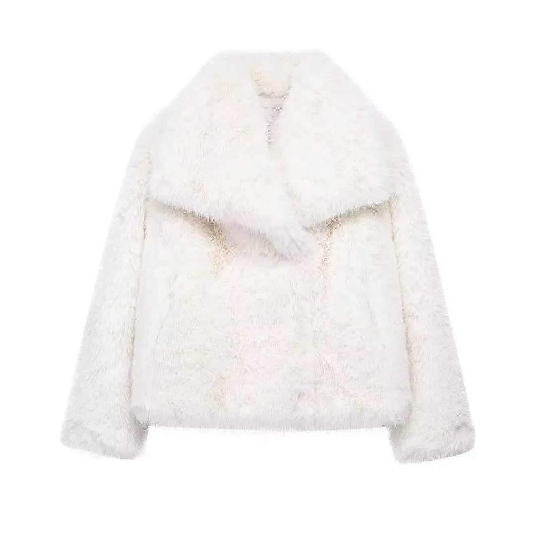 TRAFZA Women Fashion Cropped Faux Fur Jacket Coat
