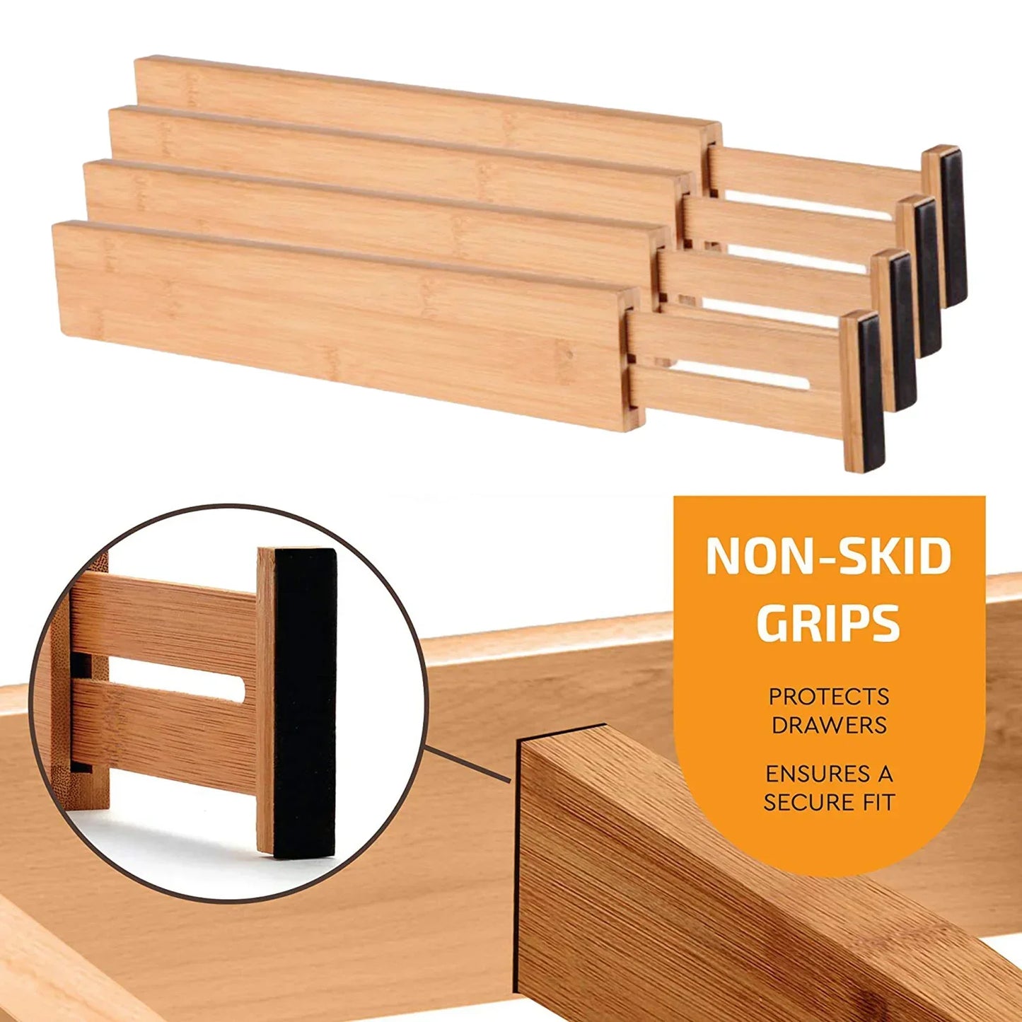 Adjustable Bamboo Kitchen Drawer Dividers – 4-Pack, Spring-Loaded
