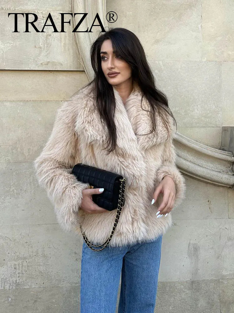 TRAFZA Women Fashion Cropped Faux Fur Jacket Coat