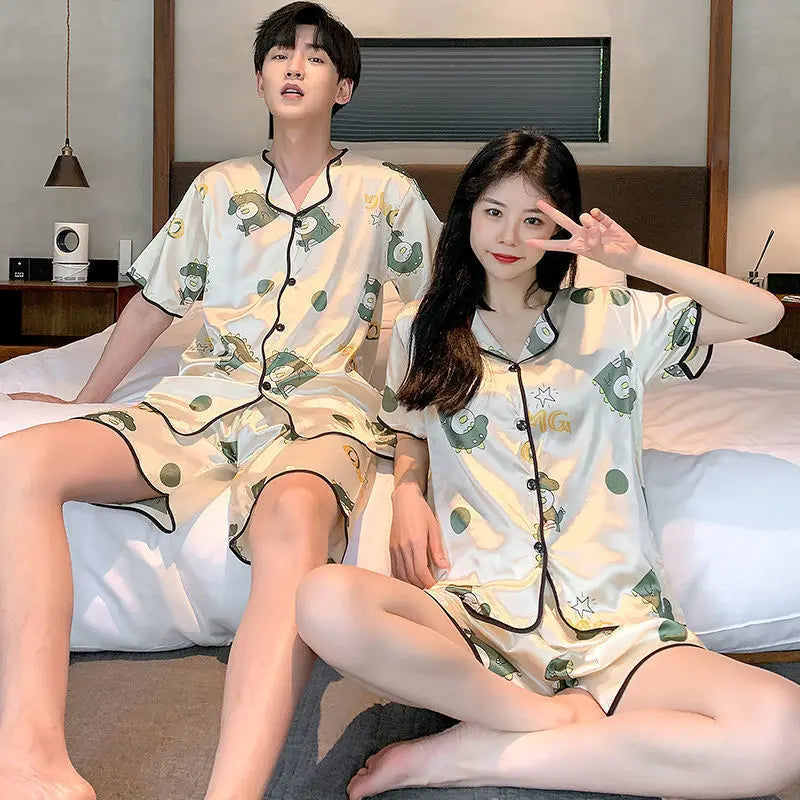 Couple’s Ice Silk Summer Pajama Set – Short-Sleeve & Shorts