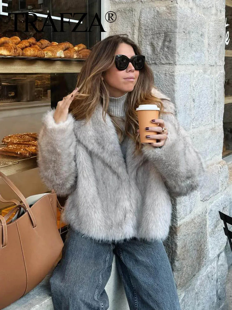 TRAFZA Women Fashion Cropped Faux Fur Jacket Coat