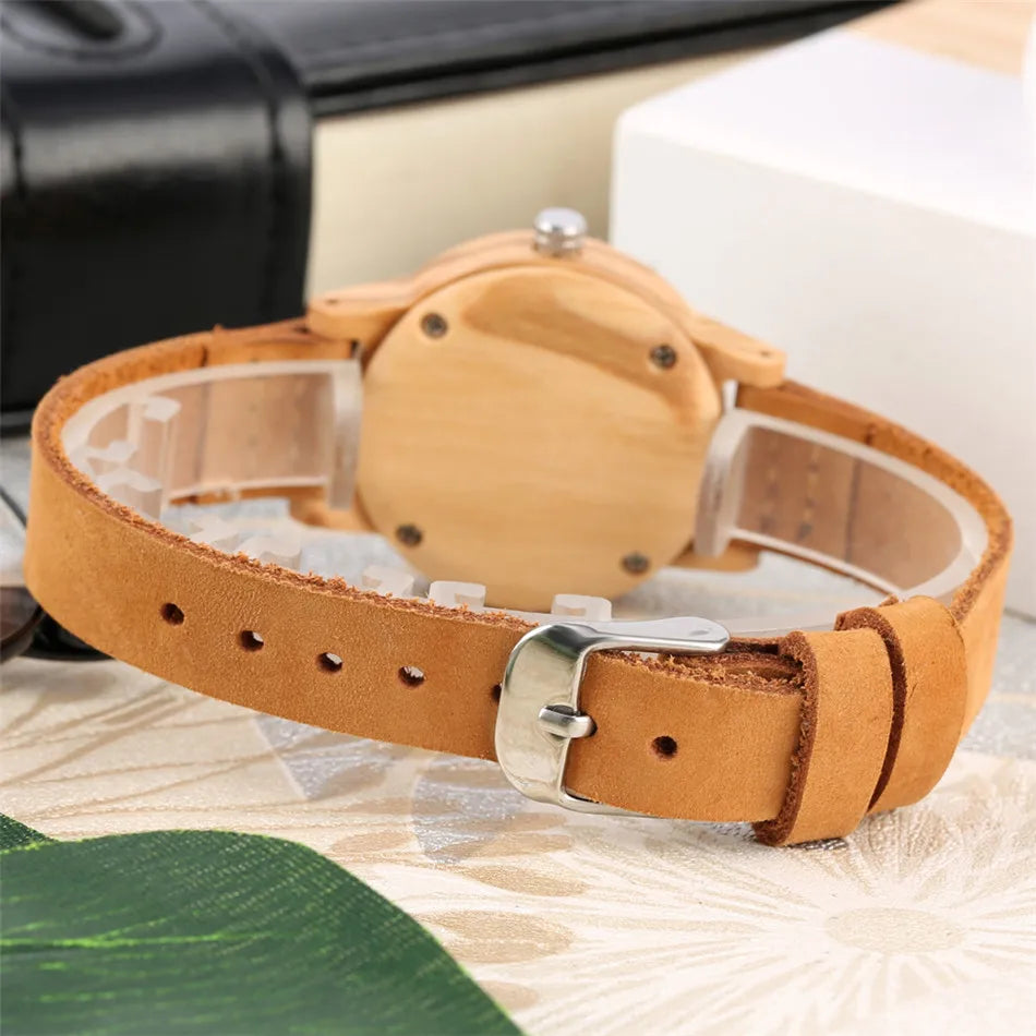 Trendy Minimalist Blue Dial Women Watches Natural Bamboo Wood Case
