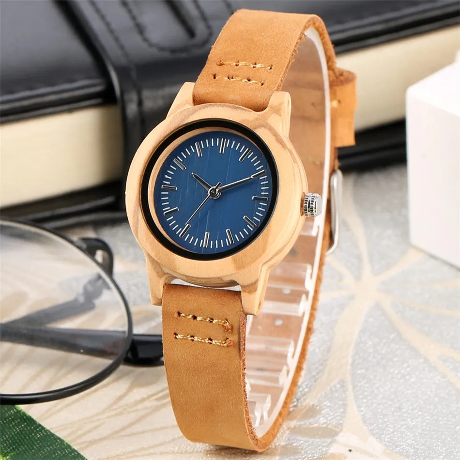 Trendy Minimalist Blue Dial Women Watches Natural Bamboo Wood Case