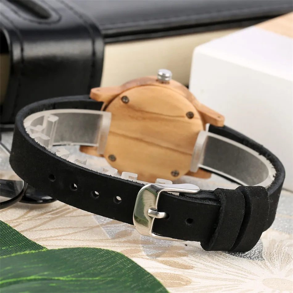 Trendy Minimalist Blue Dial Women Watches Natural Bamboo Wood Case