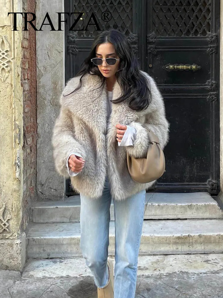 TRAFZA Women Fashion Cropped Faux Fur Jacket Coat