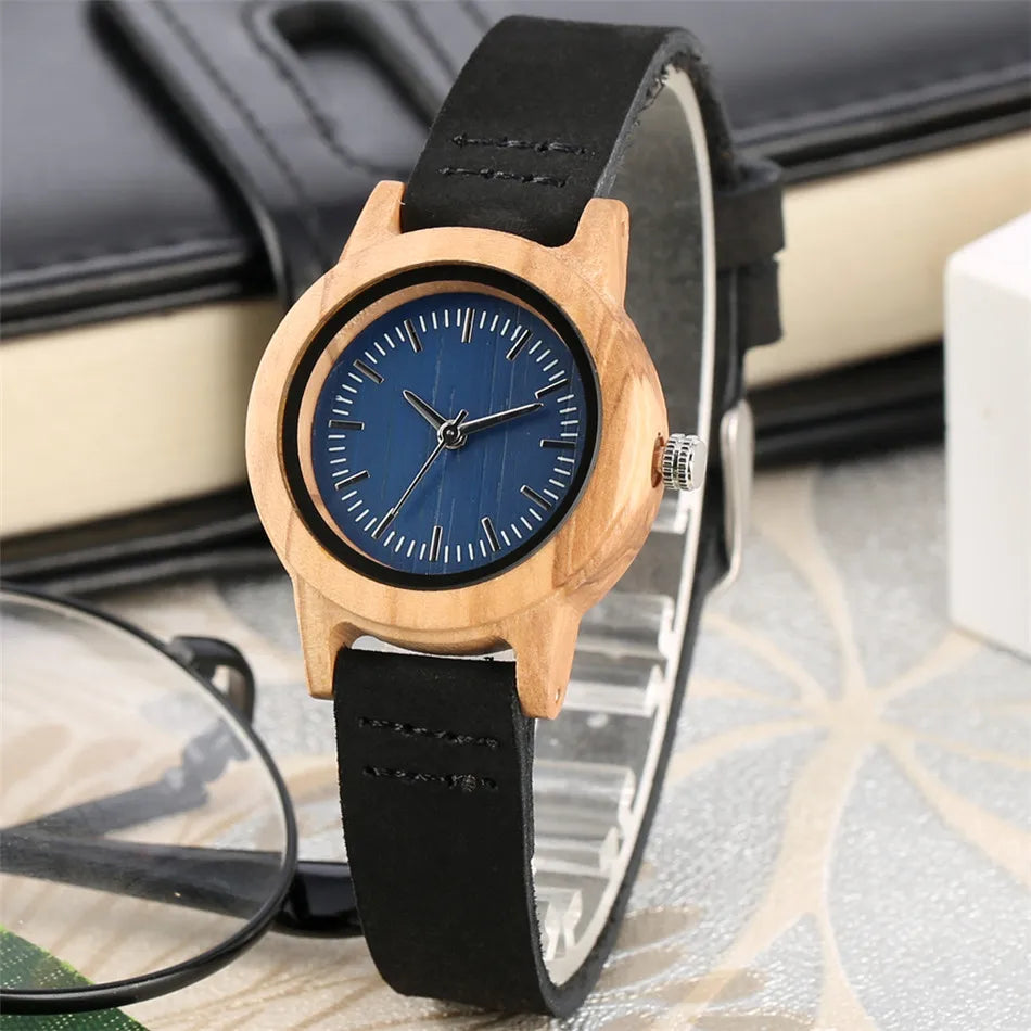 Trendy Minimalist Blue Dial Women Watches Natural Bamboo Wood Case