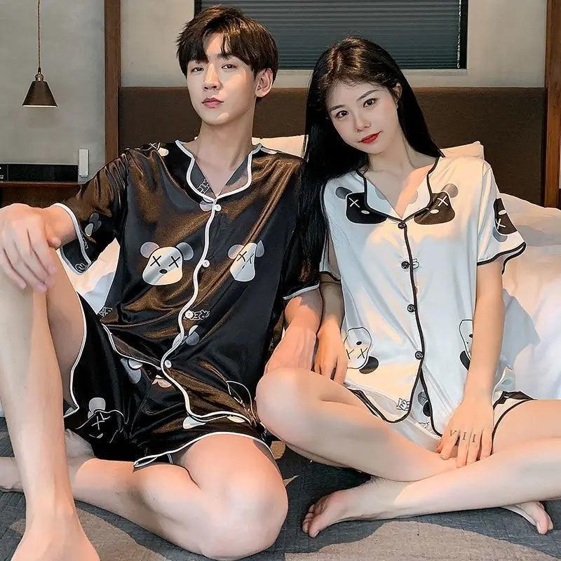 Couple’s Ice Silk Summer Pajama Set – Short-Sleeve & Shorts