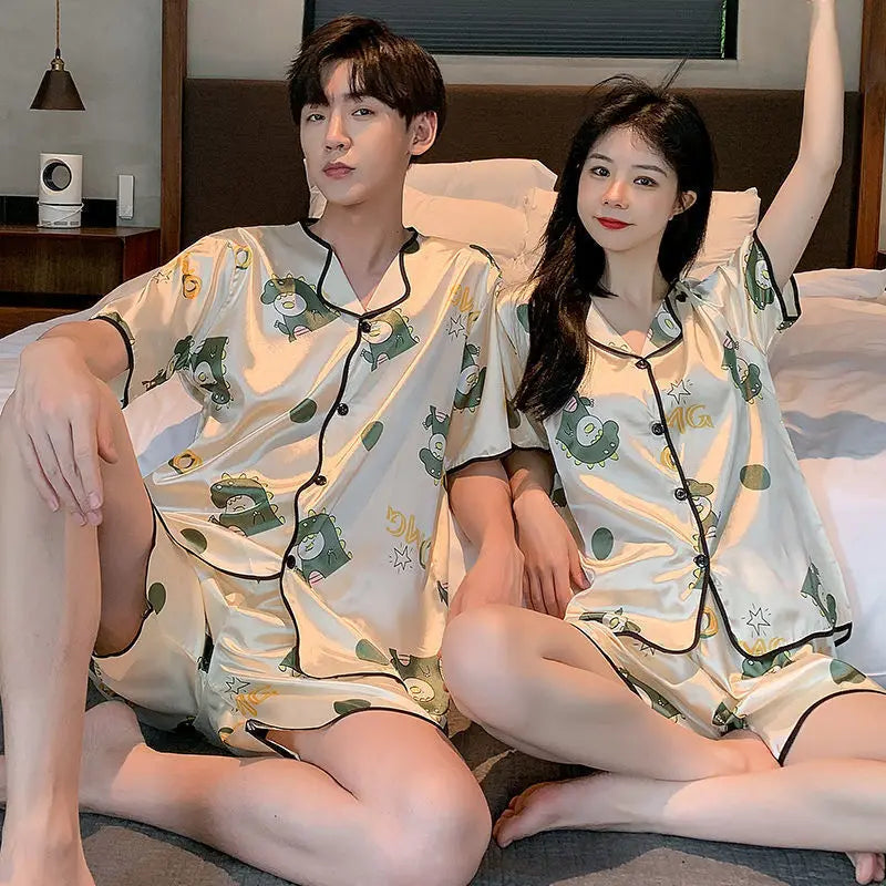 Couple’s Ice Silk Summer Pajama Set – Short-Sleeve & Shorts