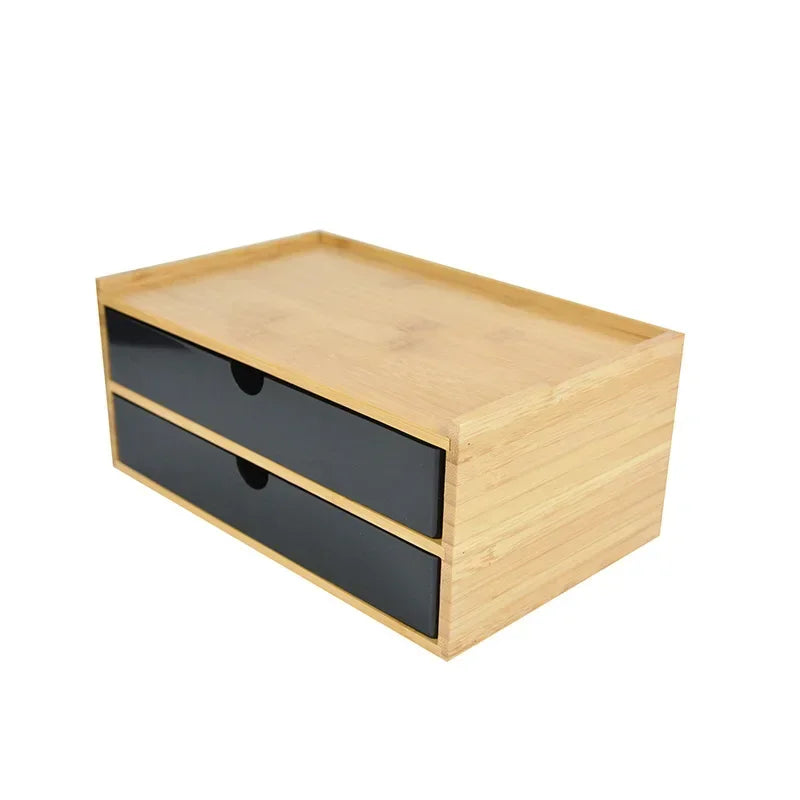 Bamboo Desktop Storage Box – Double-Layer Organizer for Jewelry & Office
