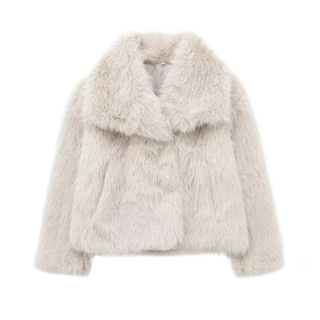TRAFZA Women Fashion Cropped Faux Fur Jacket Coat