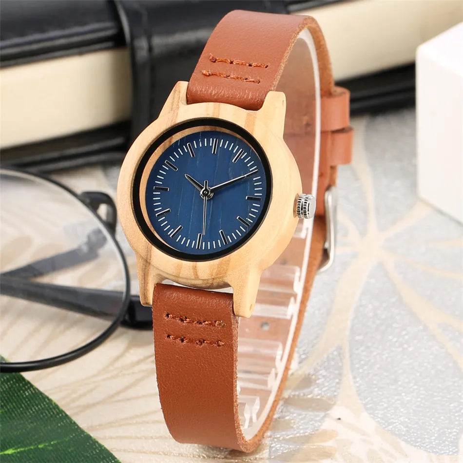 Trendy Minimalist Blue Dial Women Watches Natural Bamboo Wood Case