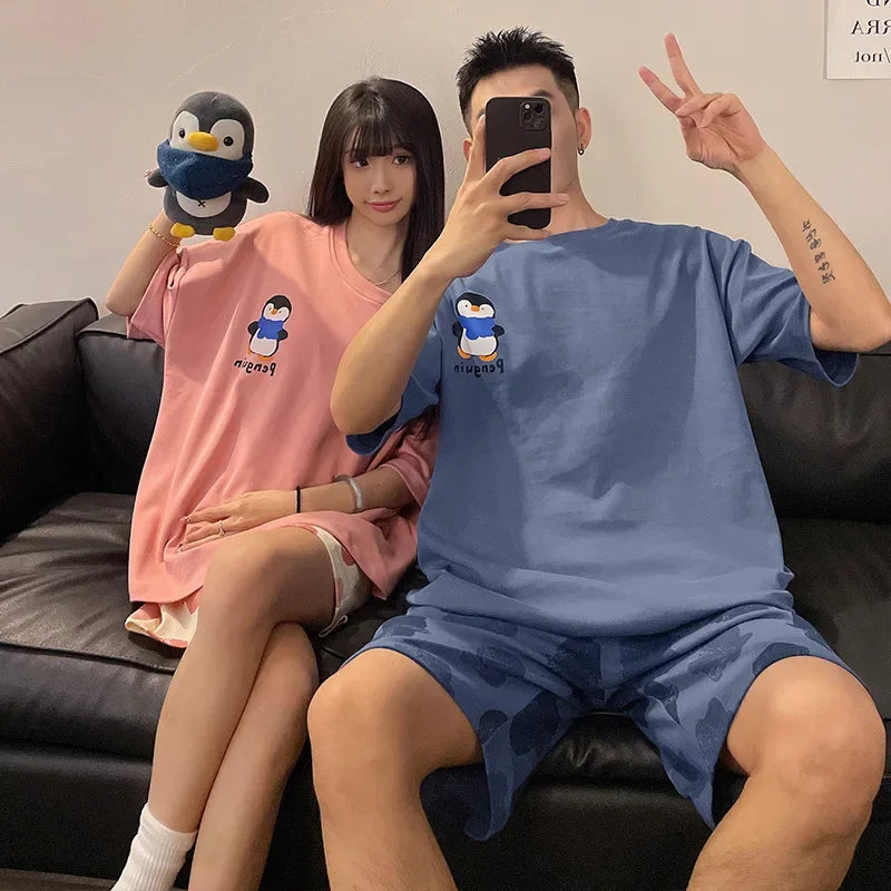 Penguin Cartoon Summer Couple Pajama Set – Short Sleeve Nightwear