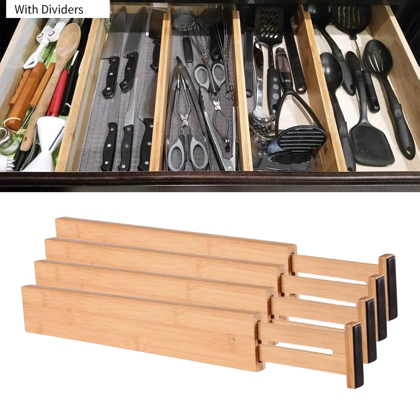 Adjustable Bamboo Kitchen Drawer Dividers – 4-Pack, Spring-Loaded