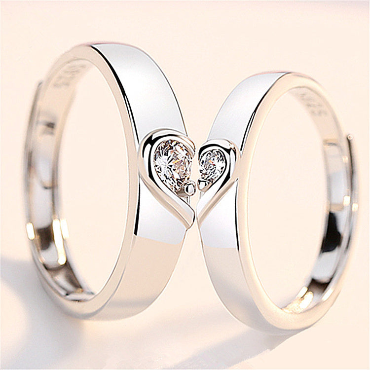 Silver heart diamond ring couple love wedding ring