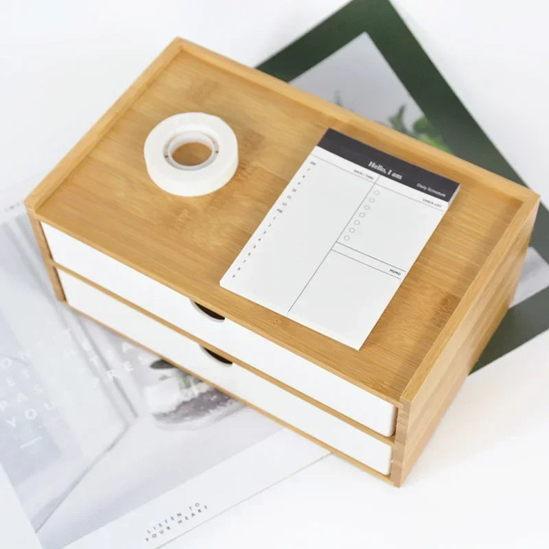 Bamboo Desktop Storage Box – Double-Layer Organizer for Jewelry & Office
