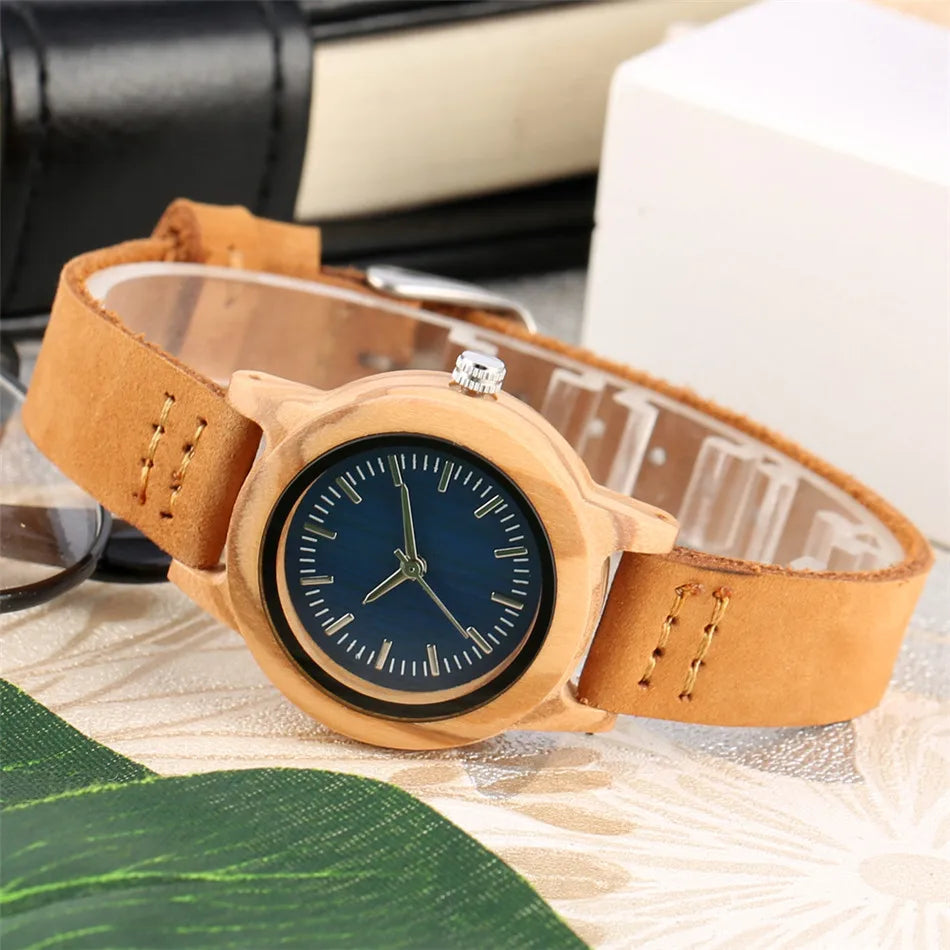 Trendy Minimalist Blue Dial Women Watches Natural Bamboo Wood Case