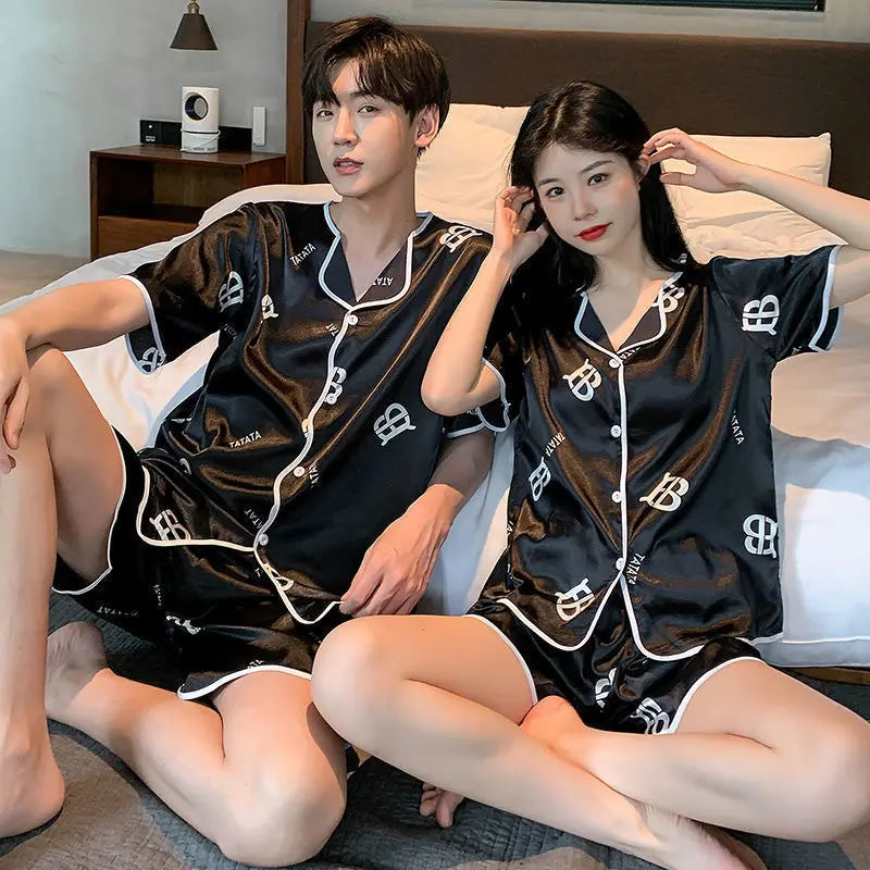 Couple’s Ice Silk Summer Pajama Set – Short-Sleeve & Shorts