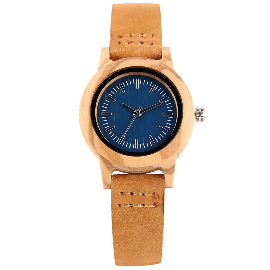Trendy Minimalist Blue Dial Women Watches Natural Bamboo Wood Case