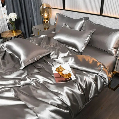 Nordic Satin Silk Bedding Set with Duvet Cover Bed Sheet Pillowcases Luxury