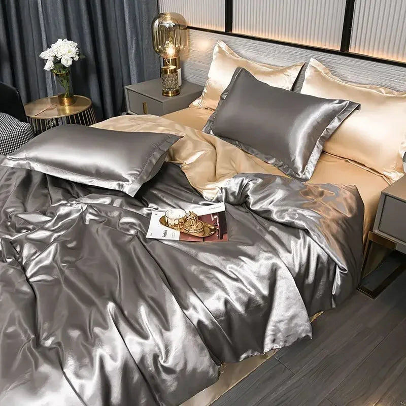 Nordic Satin Silk Bedding Set with Duvet Cover Bed Sheet Pillowcases Luxury