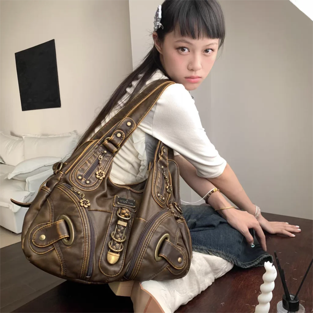 JIAERDI Vintage Brown Y2K Handbag – Trendy Retro Style