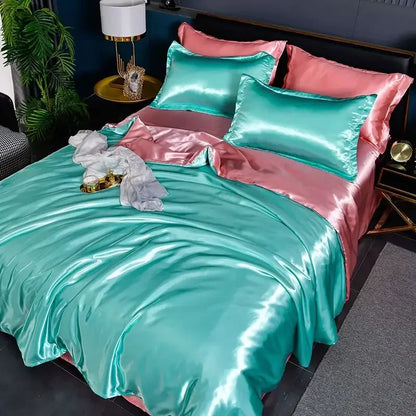 Nordic Satin Silk Bedding Set with Duvet Cover Bed Sheet Pillowcases Luxury