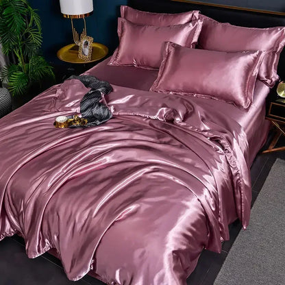 Nordic Satin Silk Bedding Set with Duvet Cover Bed Sheet Pillowcases Luxury