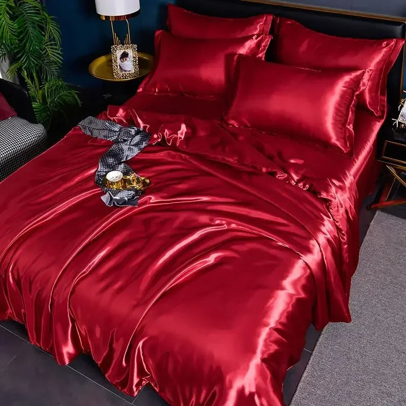 Nordic Satin Silk Bedding Set with Duvet Cover Bed Sheet Pillowcases Luxury