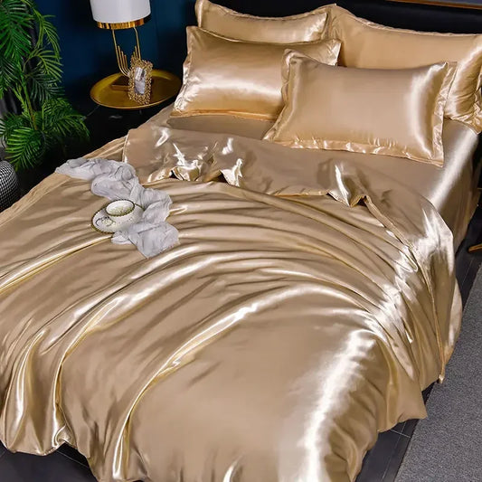 Nordic Satin Silk Bedding Set with Duvet Cover Bed Sheet Pillowcases Luxury