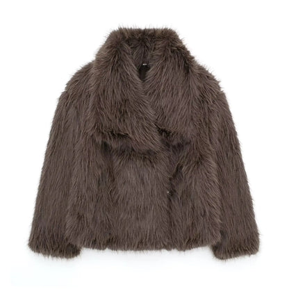 TRAFZA Women Fashion Cropped Faux Fur Jacket Coat