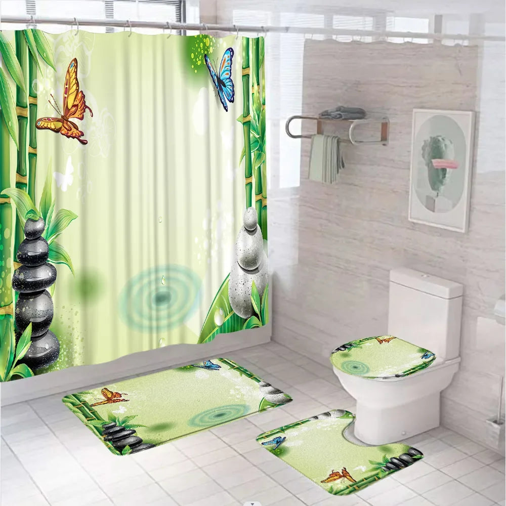 Spa Zen Stone Bamboo Leaves Shower Curtain Sets