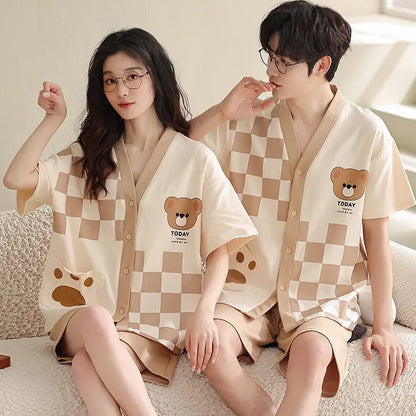 Bear Cartoon Summer Couple Pajama Set – Cotton Kimono Shorts