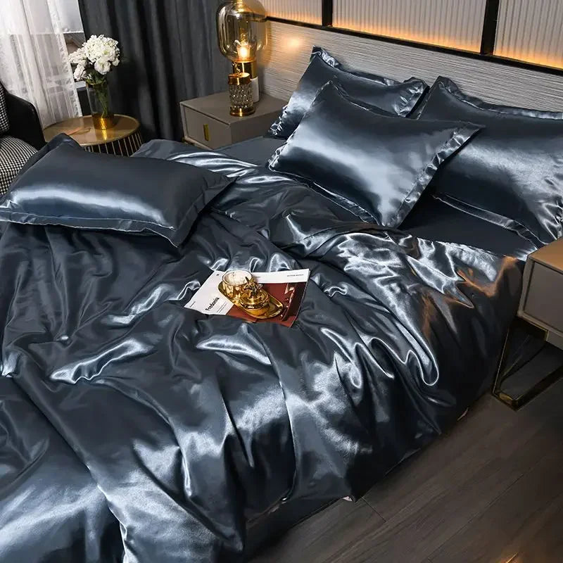 Nordic Satin Silk Bedding Set with Duvet Cover Bed Sheet Pillowcases Luxury