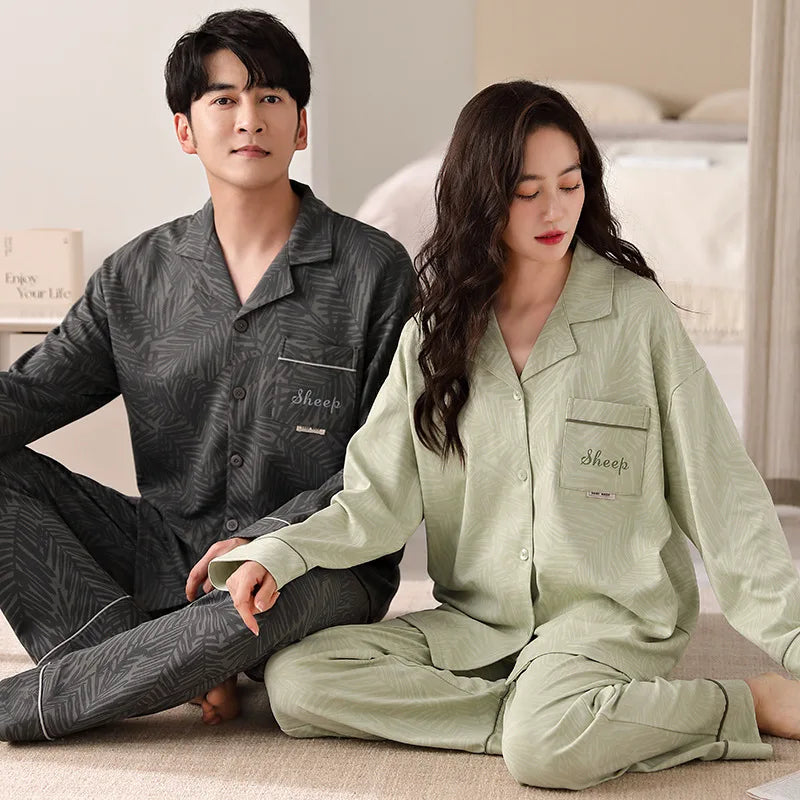 Solid Color Cotton Couple Pajama Set – Long Sleeve & Pants