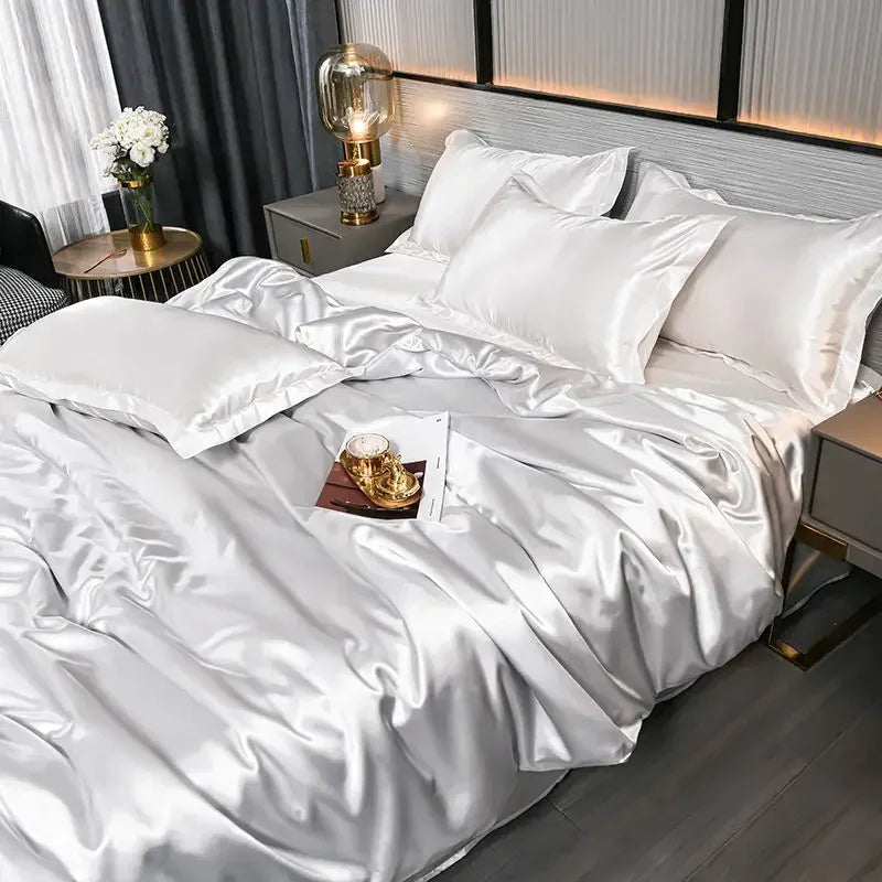 Nordic Satin Silk Bedding Set with Duvet Cover Bed Sheet Pillowcases Luxury
