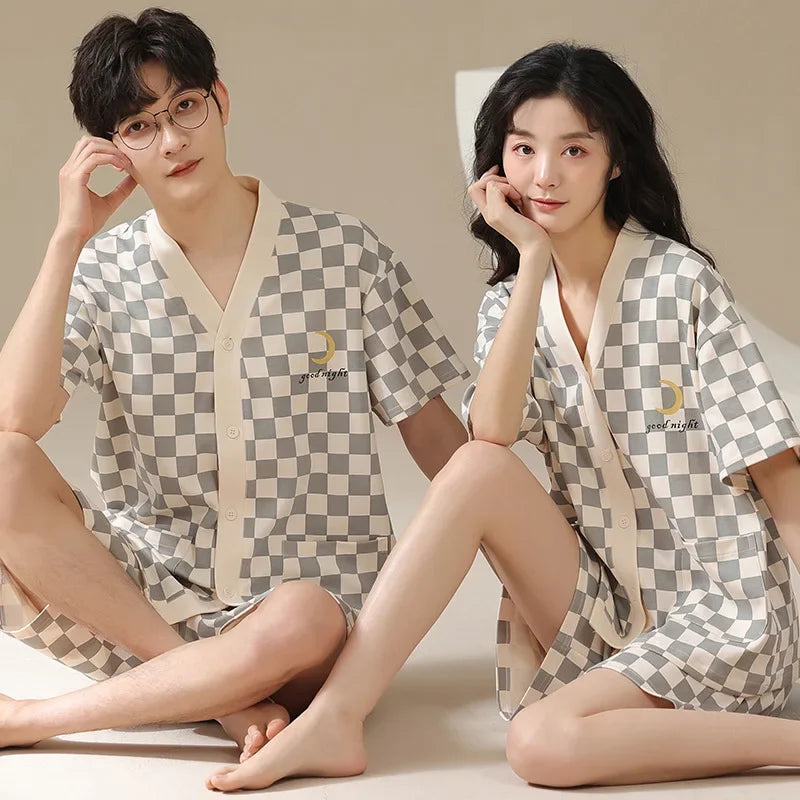 Bear Cartoon Summer Couple Pajama Set – Cotton Kimono Shorts