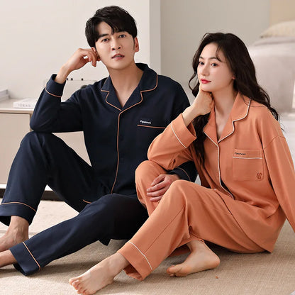 Solid Color Cotton Couple Pajama Set – Long Sleeve & Pants