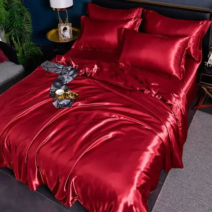 Nordic Satin Silk Bedding Set with Duvet Cover Bed Sheet Pillowcases Luxury