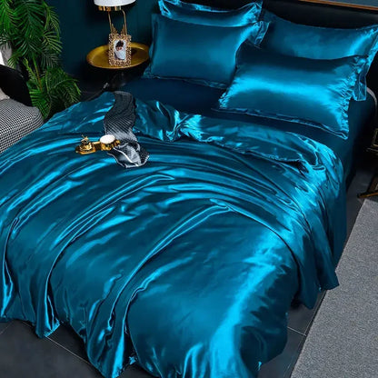 Nordic Satin Silk Bedding Set with Duvet Cover Bed Sheet Pillowcases Luxury