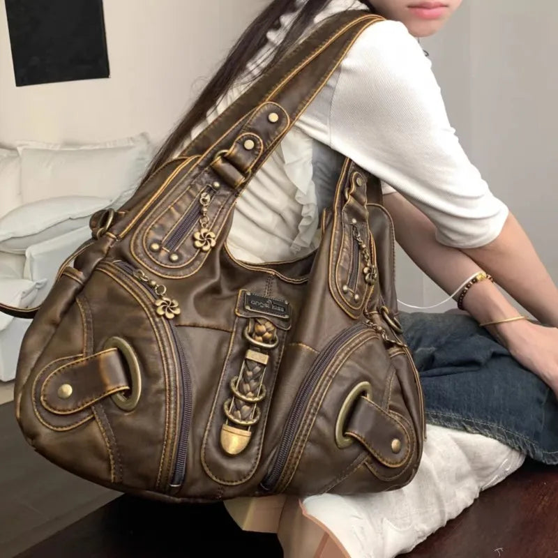JIAERDI Vintage Brown Y2K Handbag – Trendy Retro Style