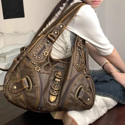 JIAERDI Vintage Brown Y2K Handbag – Trendy Retro Style