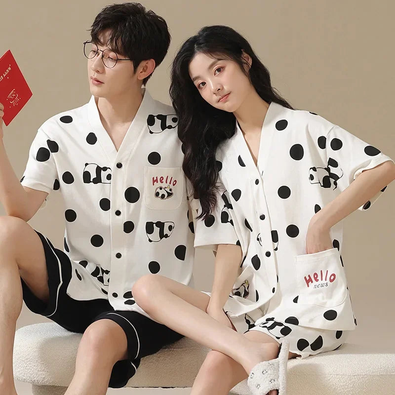 Bear Cartoon Summer Couple Pajama Set – Cotton Kimono Shorts