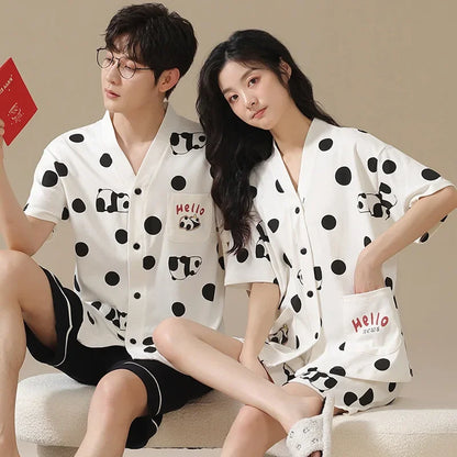 Bear Cartoon Summer Couple Pajama Set – Cotton Kimono Shorts