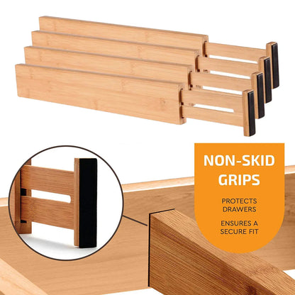 Adjustable Bamboo Kitchen Drawer Dividers – 4-Pack, Spring-Loaded