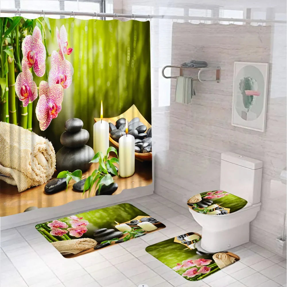 Spa Zen Stone Bamboo Leaves Shower Curtain Sets