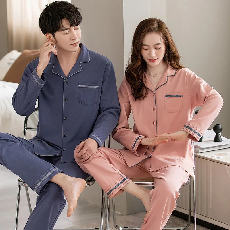 Solid Color Cotton Couple Pajama Set – Long Sleeve & Pants