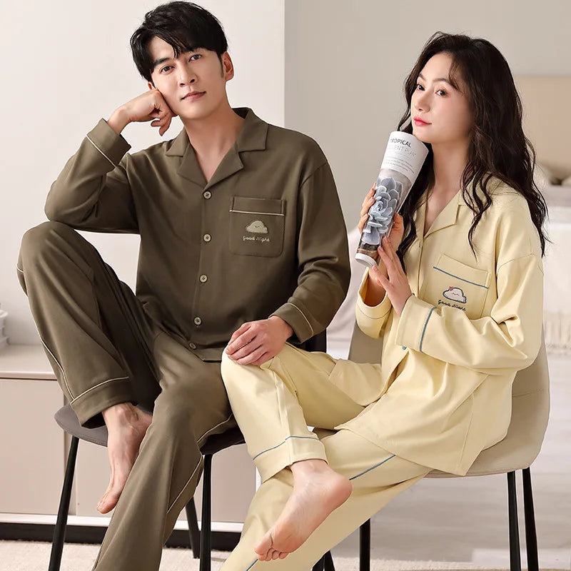 Solid Color Cotton Couple Pajama Set – Long Sleeve & Pants