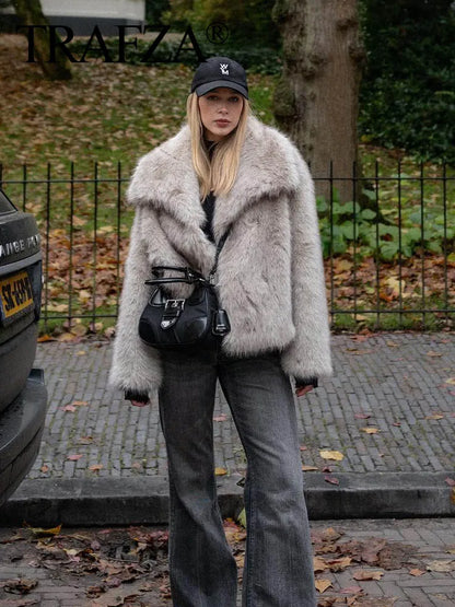 TRAFZA Women Fashion Cropped Faux Fur Jacket Coat